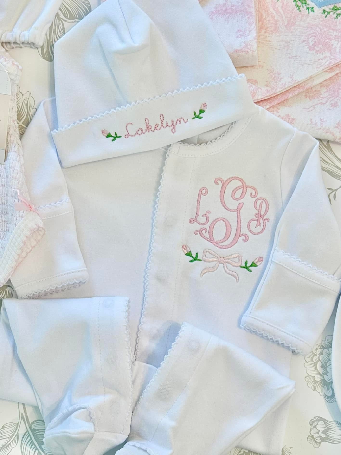 Girl White Picot Trim Footie & Hat Set