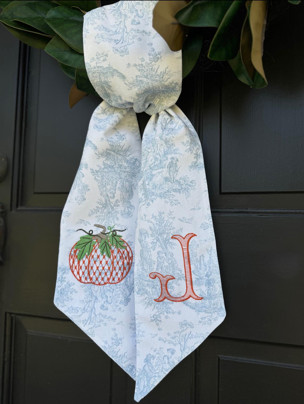 Blue Toile Pumpkin Wreath Sash