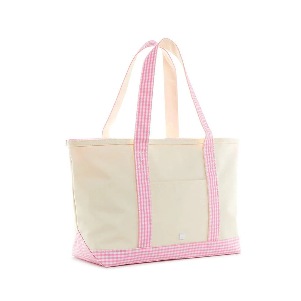 MEDIUM TOTE COATED CANVAS - NATURAL W/ GINGHAM PINK