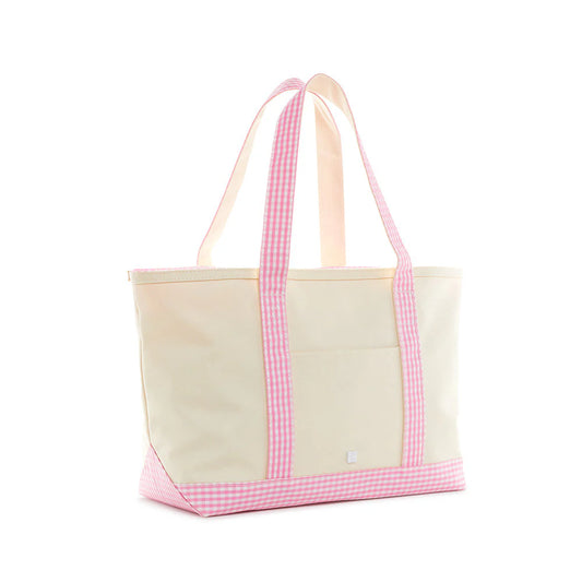 MEDIUM TOTE COATED CANVAS - NATURAL W/ GINGHAM PINK